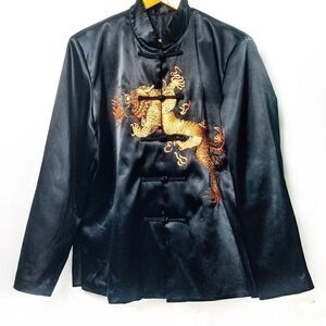 Black Satin Embroidered Chinese Dragon Mandarin Collar Tang Jacket Sz M